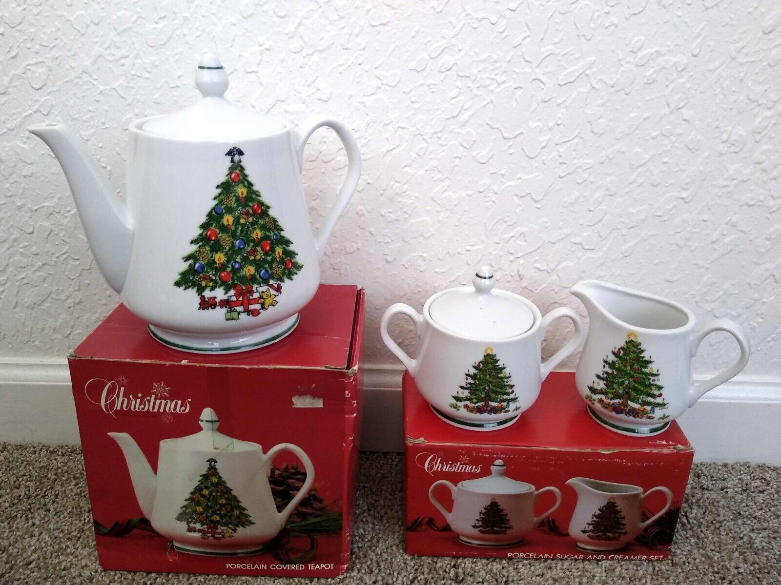 Christmas Tree Porcelain Covered Teapot, Cream & Sugar Set - Made in Japan