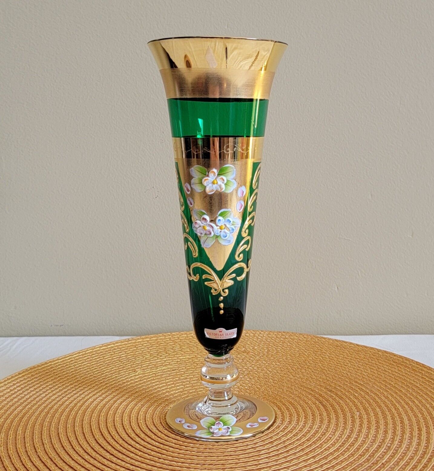 Vintage Venetian Vase Green Gold Gilt Hand Painted Floral Victorian Glass Seyei 