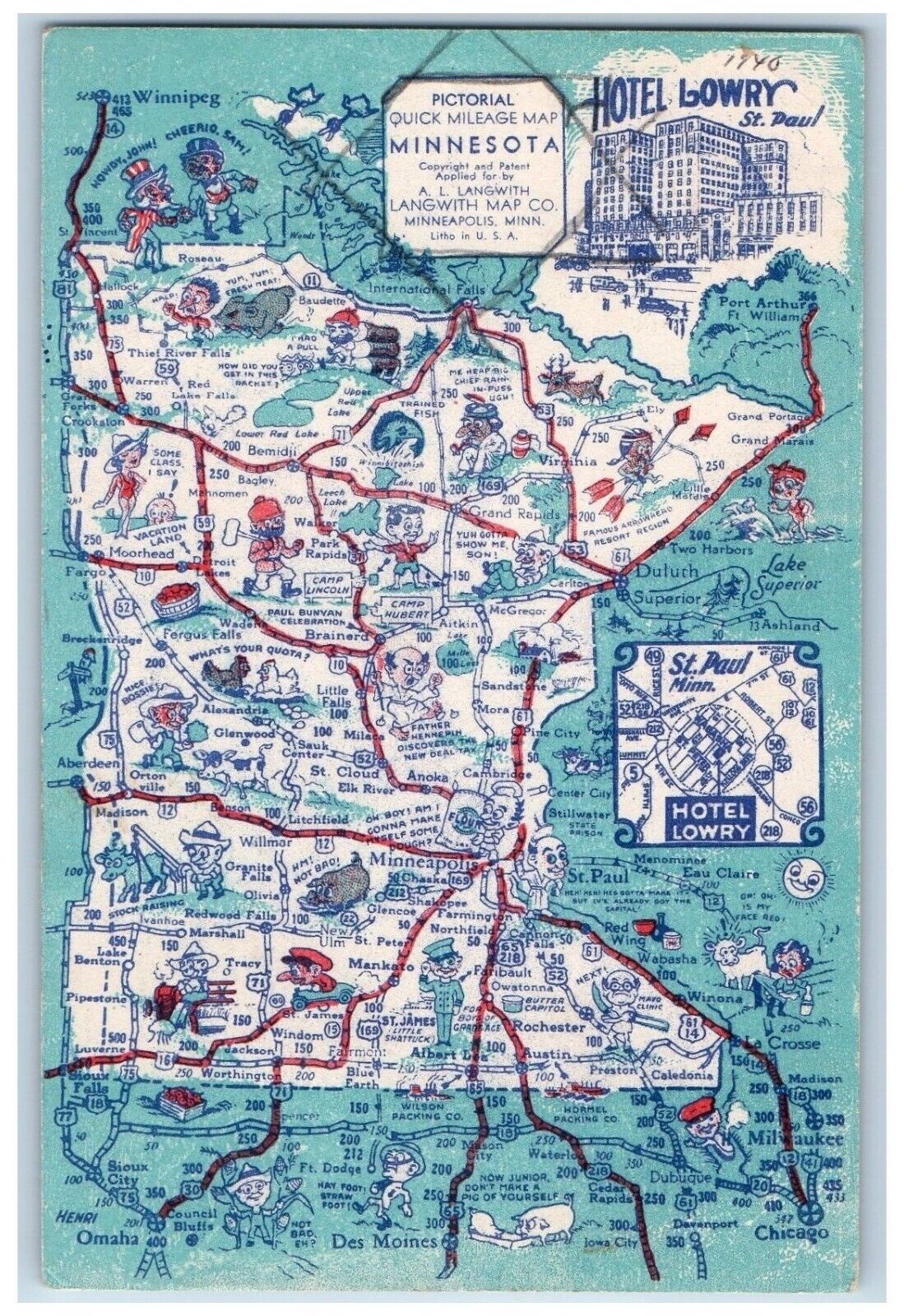 Minneapolis Minnesota Postcard Pictorial Quick Mileage Map Langwith 1940 Vintage