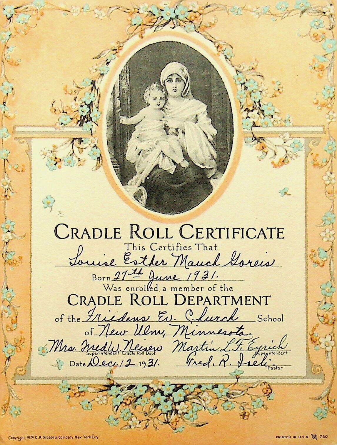 1931 CRADLE ROLL CERTIFICATES  JUNE 27 - LOUISE ESTHER MAUCH GOREIS - E6-F
