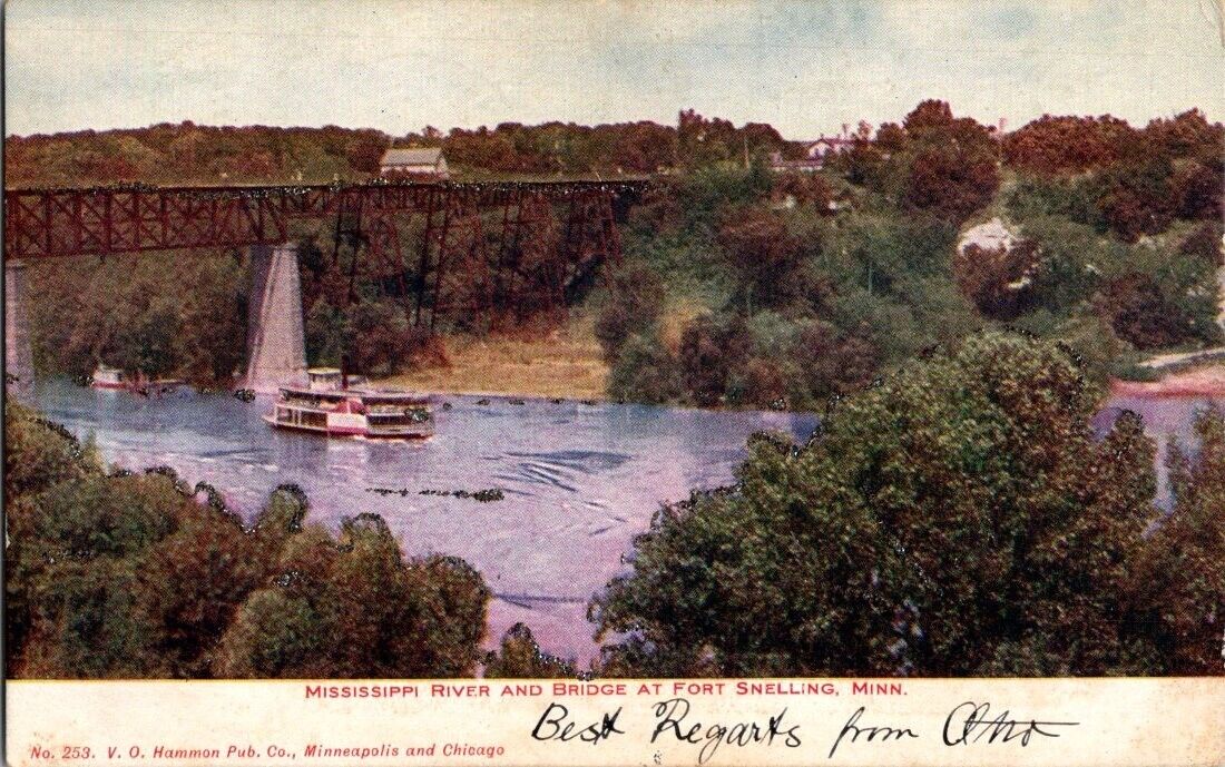 postcard Glitter Card Mississippi River And Bridge At Fort Snelling Minn.  B2