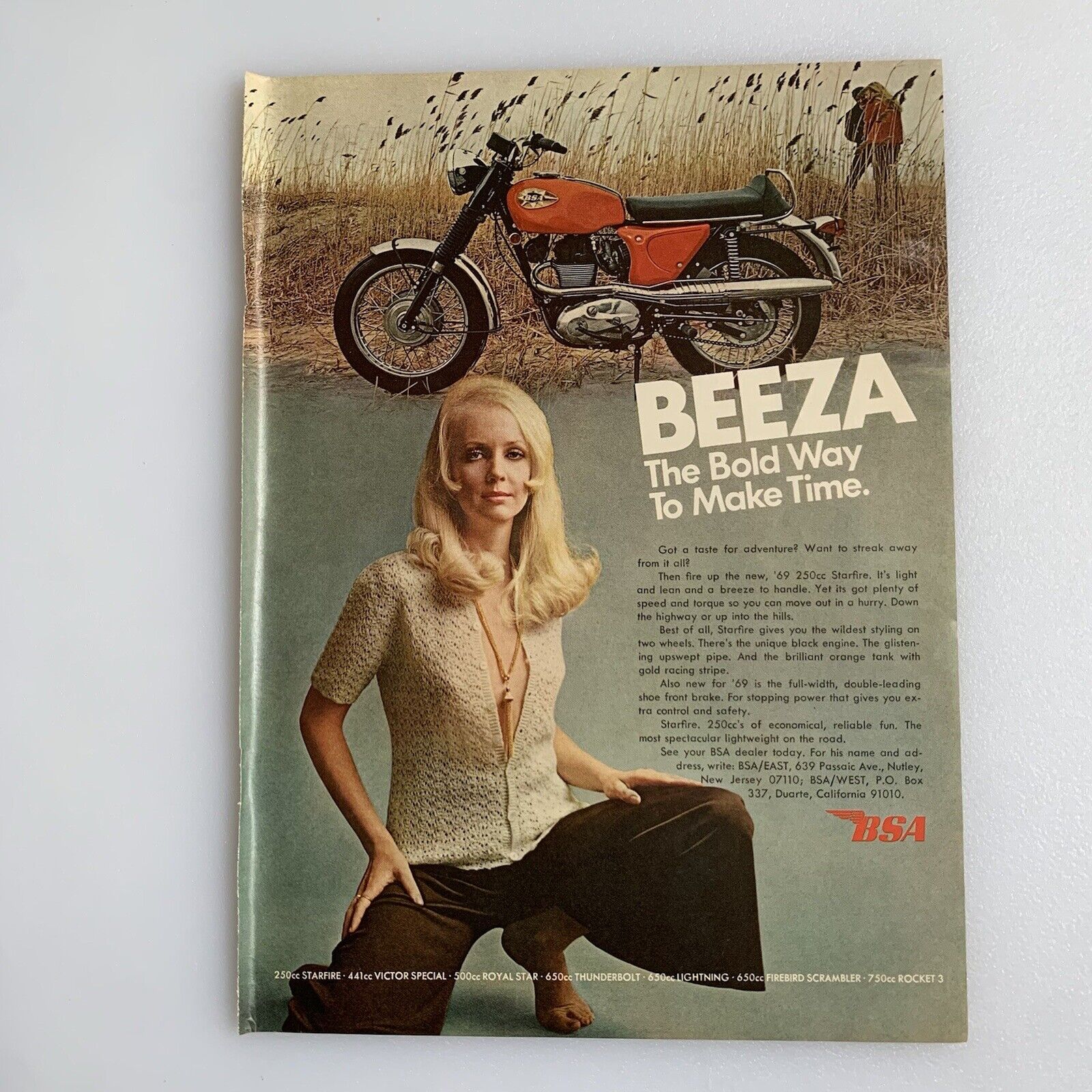 1969 Beeza BSA 250cc Starfire Motorcycle Print Ad Sexy Blonde Original Vintage