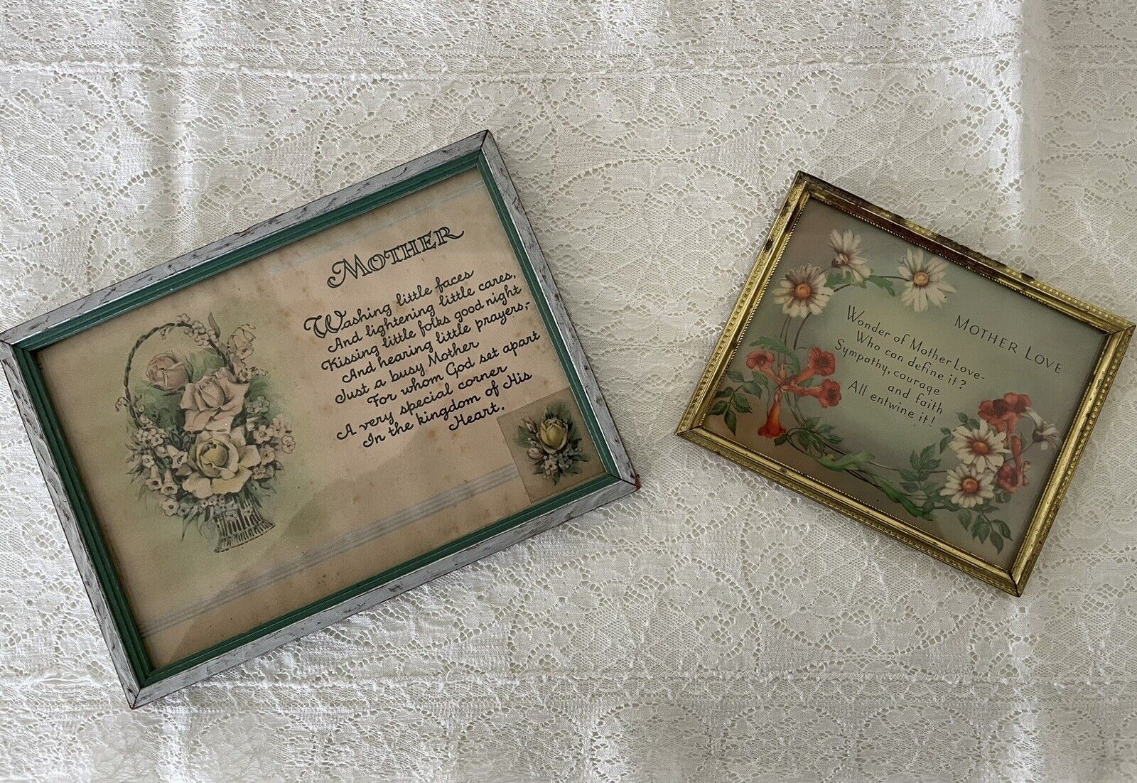 2 Vintage Framed Mother Poems 7.5” x 5.5” and 5” x 4”.  Some  Wear And Tear.