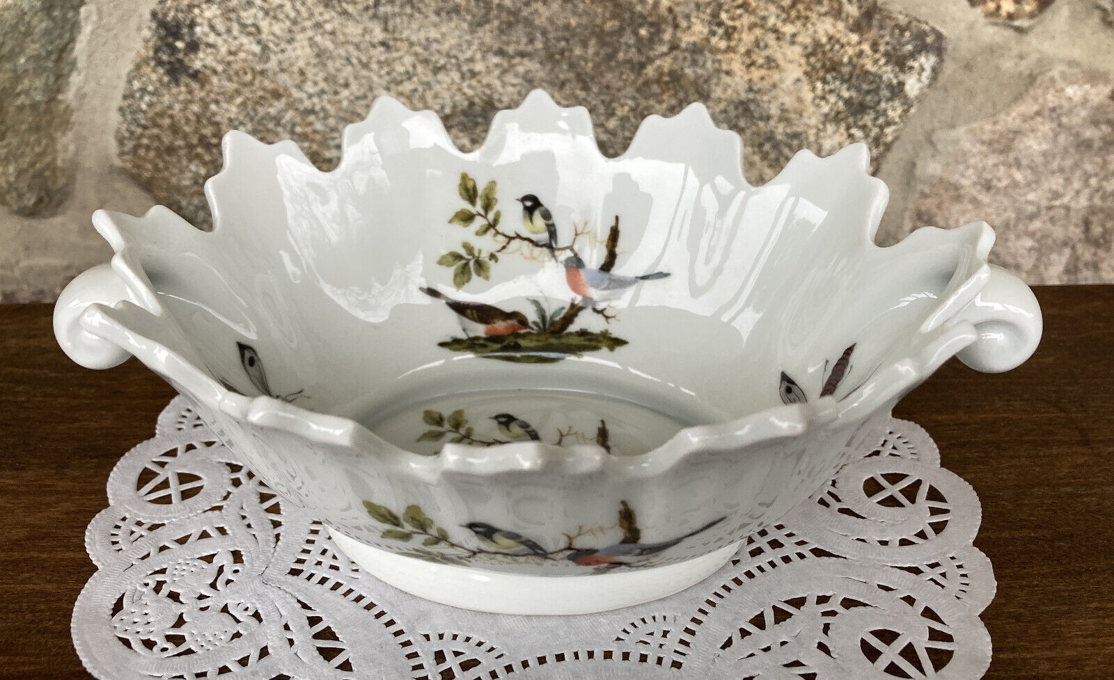Limoges Castel France Porcelain Bowl - Birds/Insects Pointed Edge - Vintage