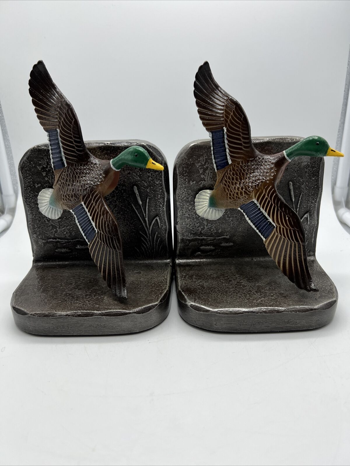 Vtg Flying 3D Mallard Ducks Metal Bookends with Leather Backing 1960’s