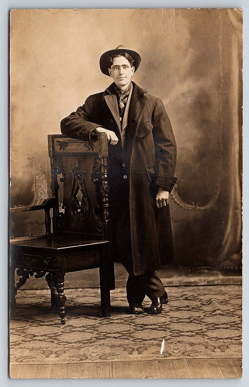 Original Old Vintage Postcard Antique Studio Real Photo Gentleman Coat Hat RPPC