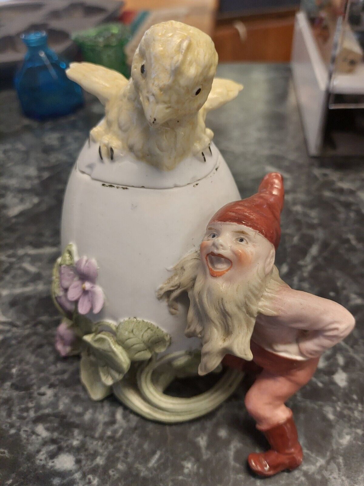 Vintage Antique Gebruder Heubach Bisque Gnome with Chick Egg Box Easter Violets