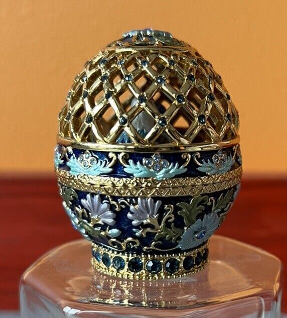 AKM Enameled Jeweled Faberge Replica Egg Trinket Box Stunning