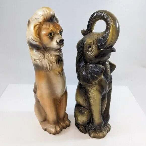 Vintage Lion & Elephant Chalkware Statues