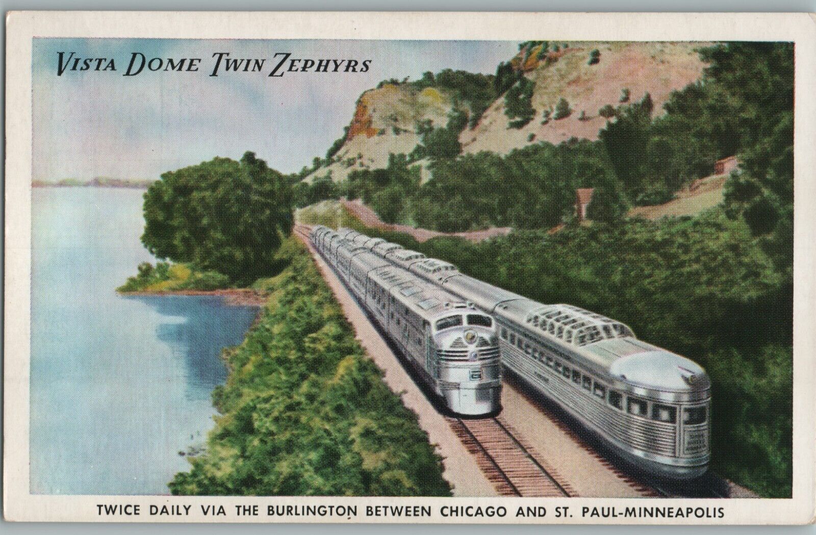 Postcard Train Vista Dome Twin Zephyrs Between Chicago IL + St Paul MN