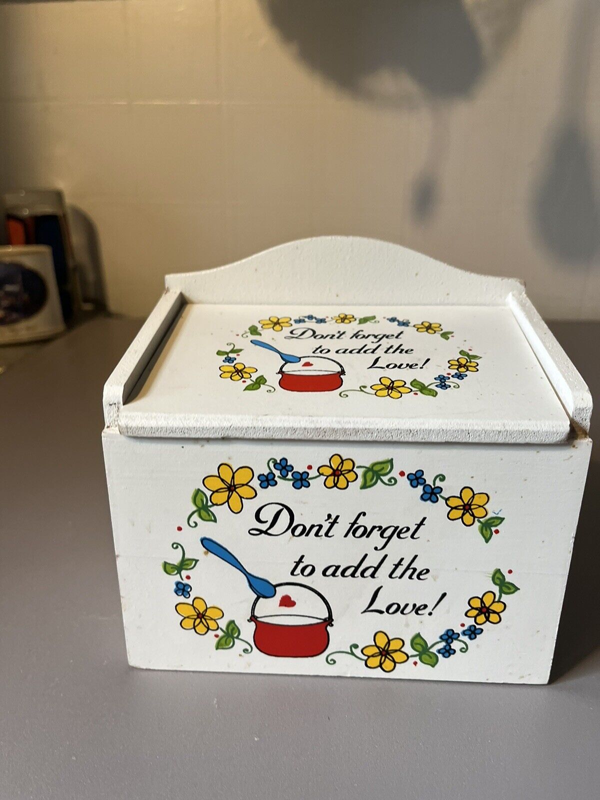 Vintage Folk Art Wooden Recipe Box “Don’t Forget To Add The Love”