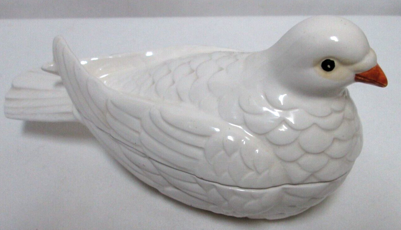 Fitz and Floyd Vintage Ceramic White Dove Covered Bowl Candy Dish Trinket Box