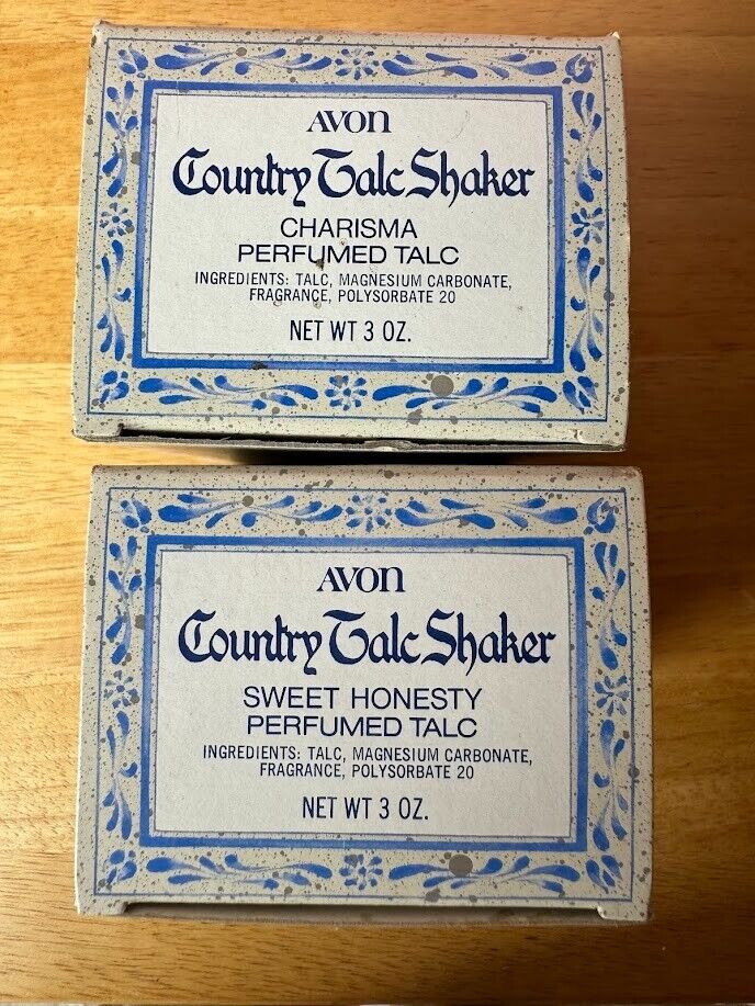 VTG 1977 AVON Country Talc Shaker SWTEET HONESTY- CHARISMA- in orig packaging 