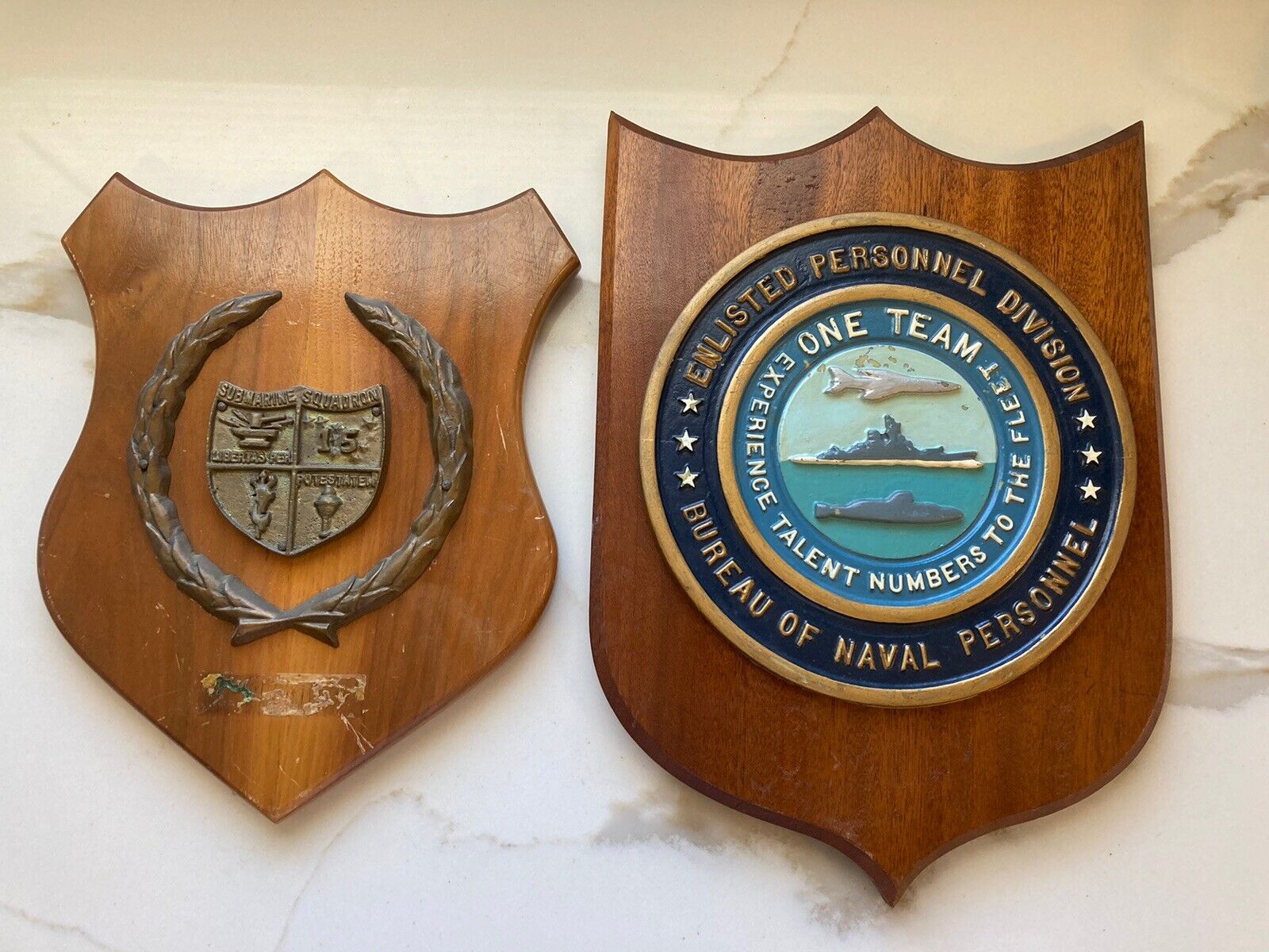 2 Vintage USN Brass Plaques Bureau Of Naval Personnel & Submarine Squadron 15