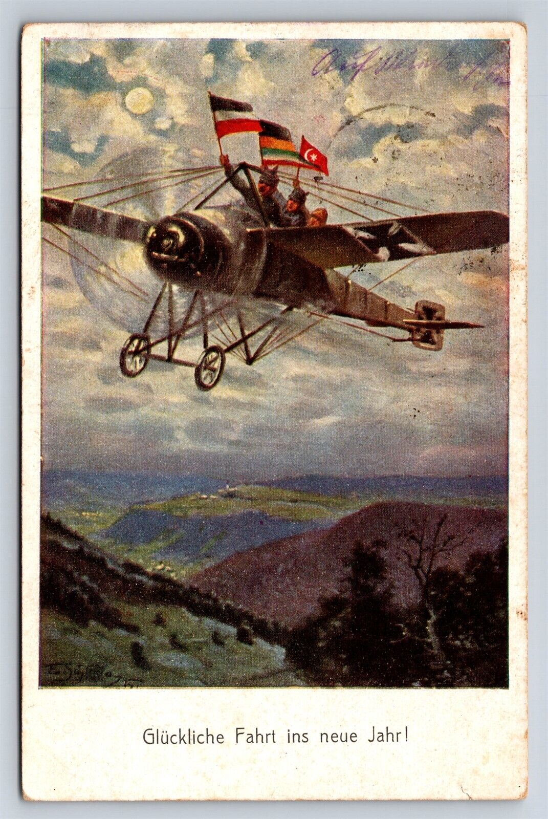 German Postcard WWI Propaganda Turkish German Flags Airplane Happy New Year AT16