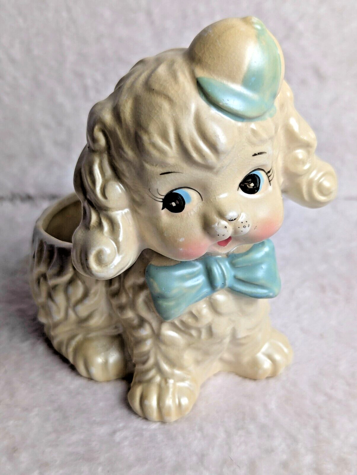 Vintage Brinn\'s Curly Puppy Dog Planter Ceramic w/ Blue Hat and Bow