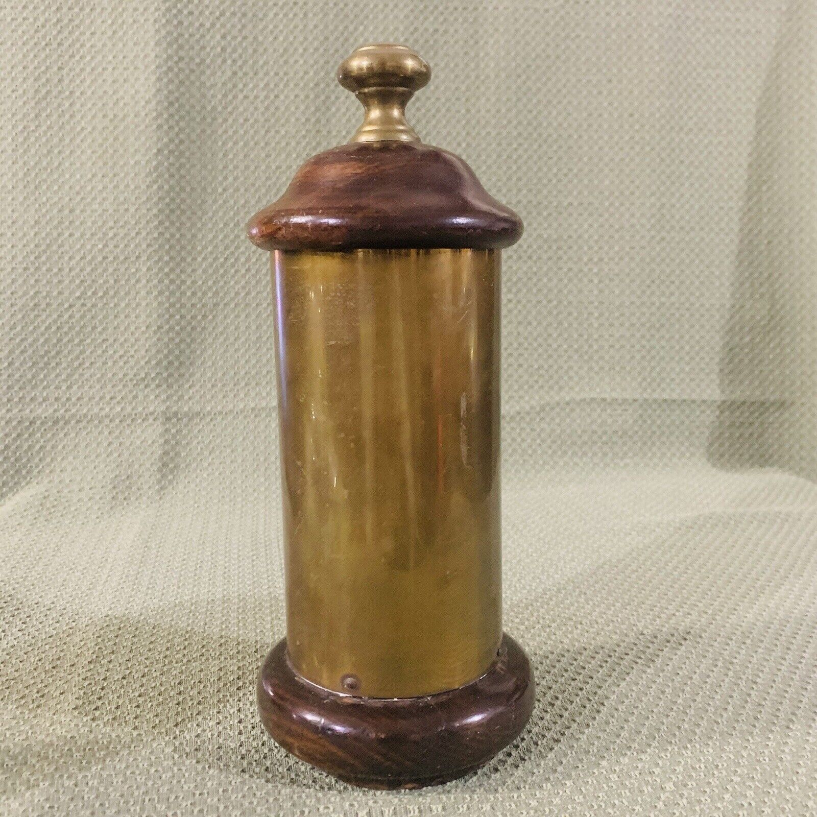 RARE Vtg Sarreid Spain Brass Lidded Container Canister Brass Finial Wood Accents