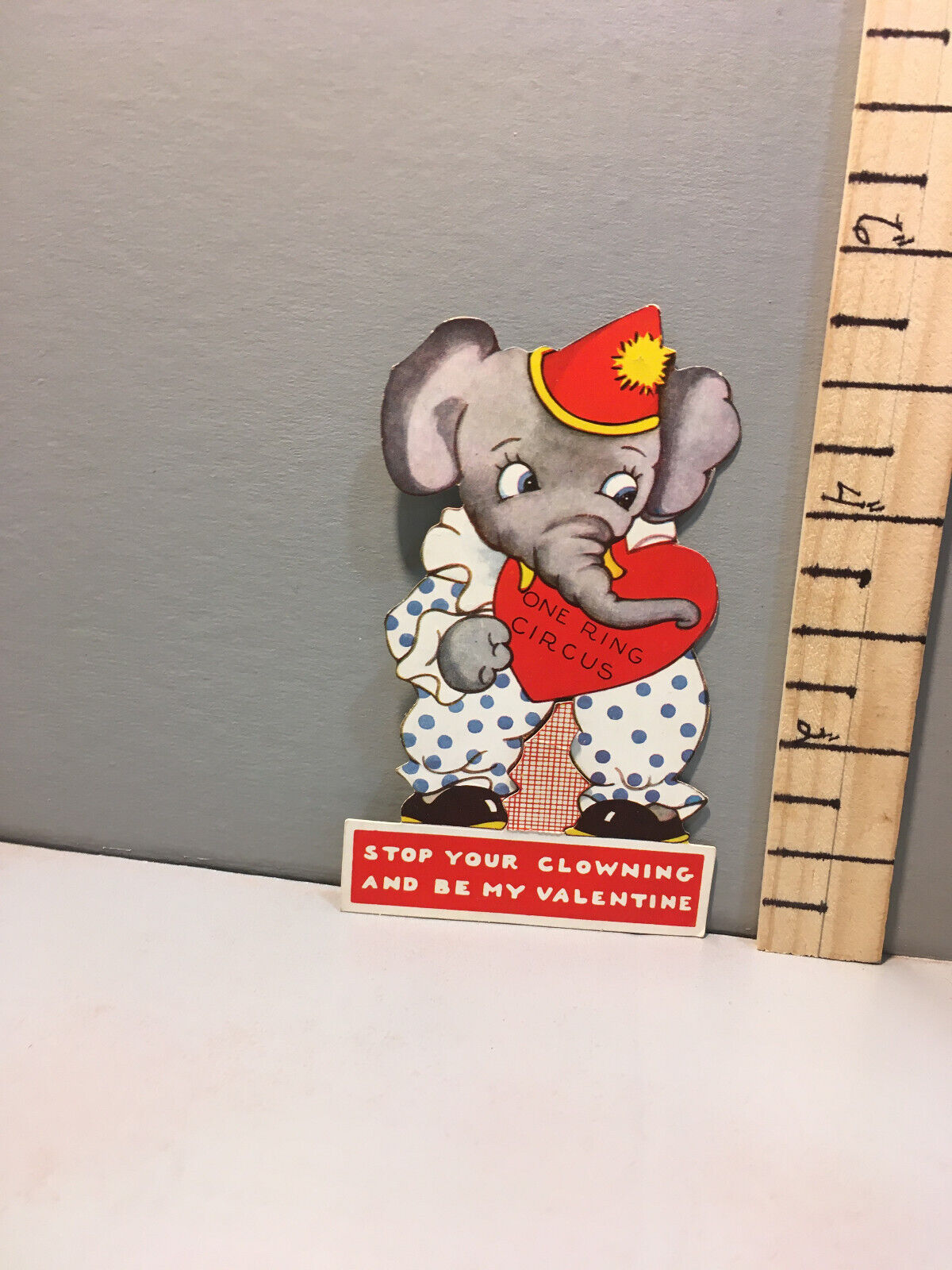 Vtg Valentine Card 40\'s Circus Elephant Polka Dot Costume c4