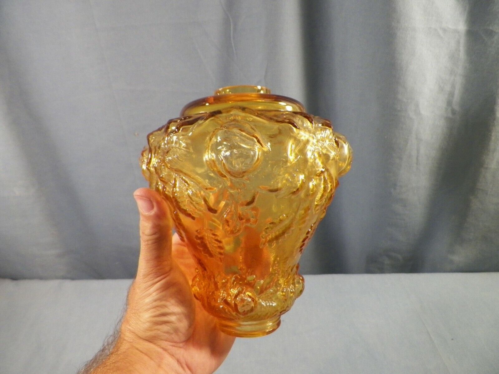 Fenton Made For L.G. Wright Amber Glass Embossed Raised Roses Lamp Font