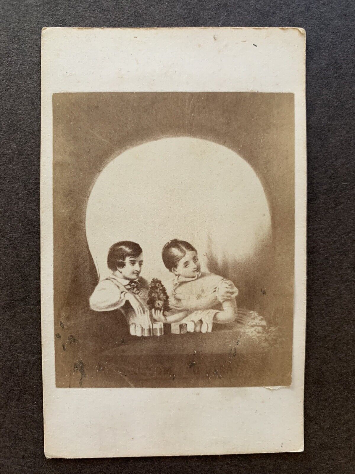 Skull Pictorial Illusion 19th Century CDV Boy Girl Unknown Photographer FRAMED