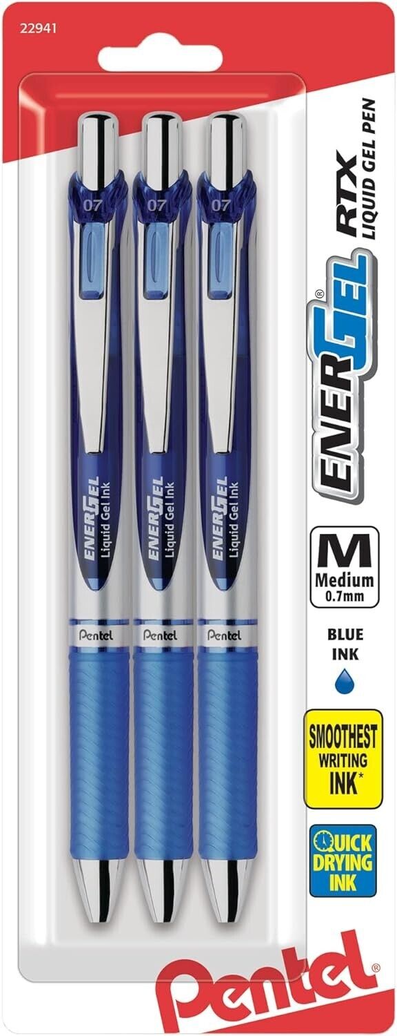 Pentel EnerGel Deluxe RTX Gel Ink Pens, 0.7 Millimeter Metal Tip, Blue Ink, 3-Pa