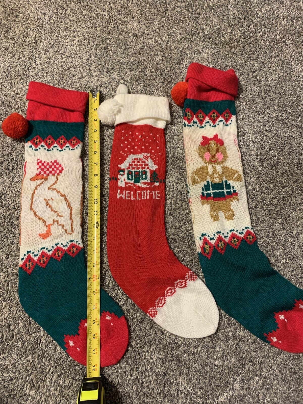 Lot 3 VNT OLD Knit Christmas  Stockings 23” Long w/ PomPom