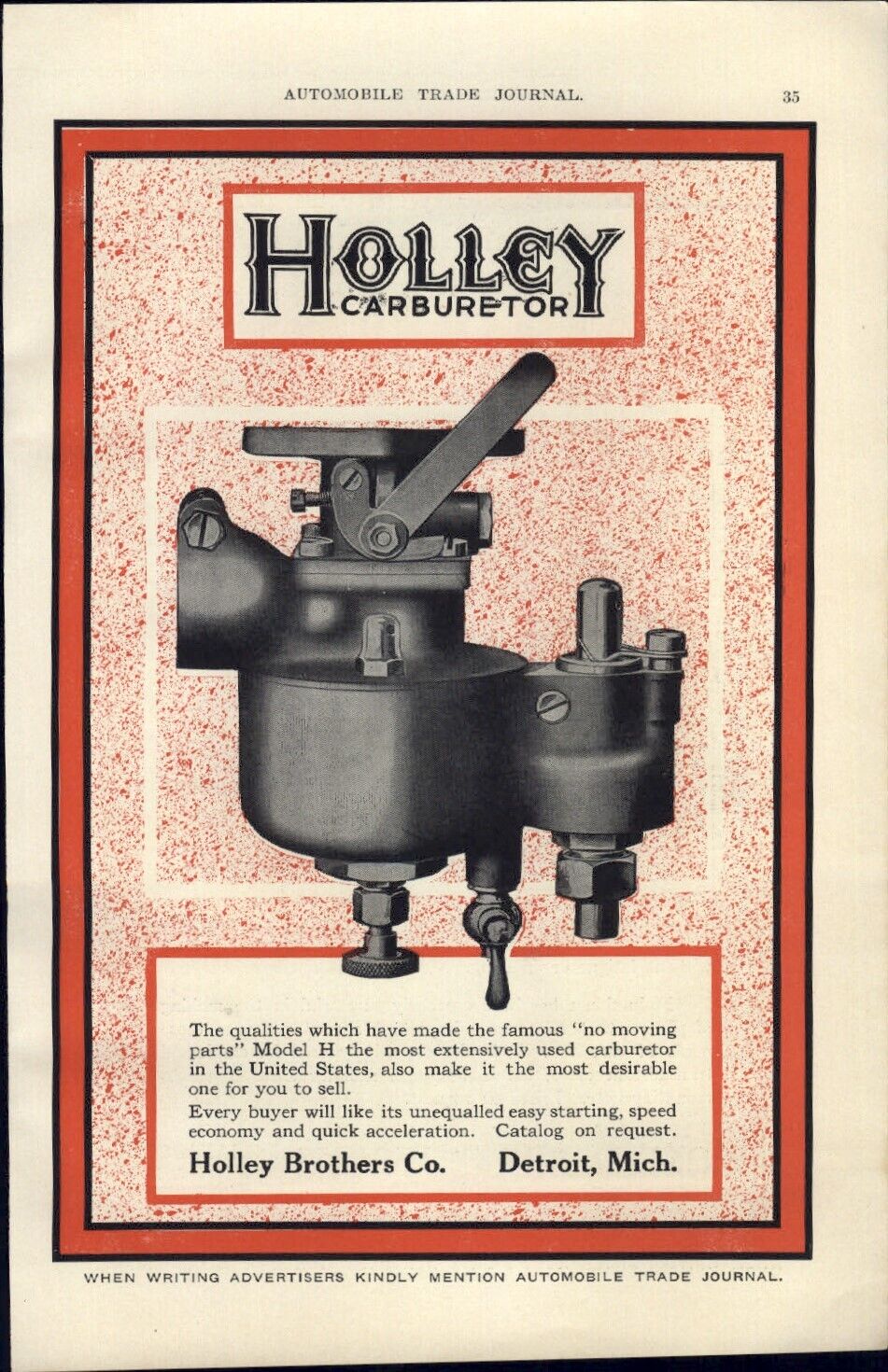 1916 PAPER AD CAR AUTO Holley Carburetor Model H Brothers Co Detroit MI