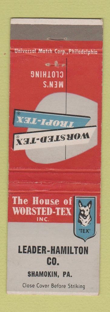 Matchbook Cover - Worested Tex Men\'s Clothes Leader Hamilton Shamokin PA