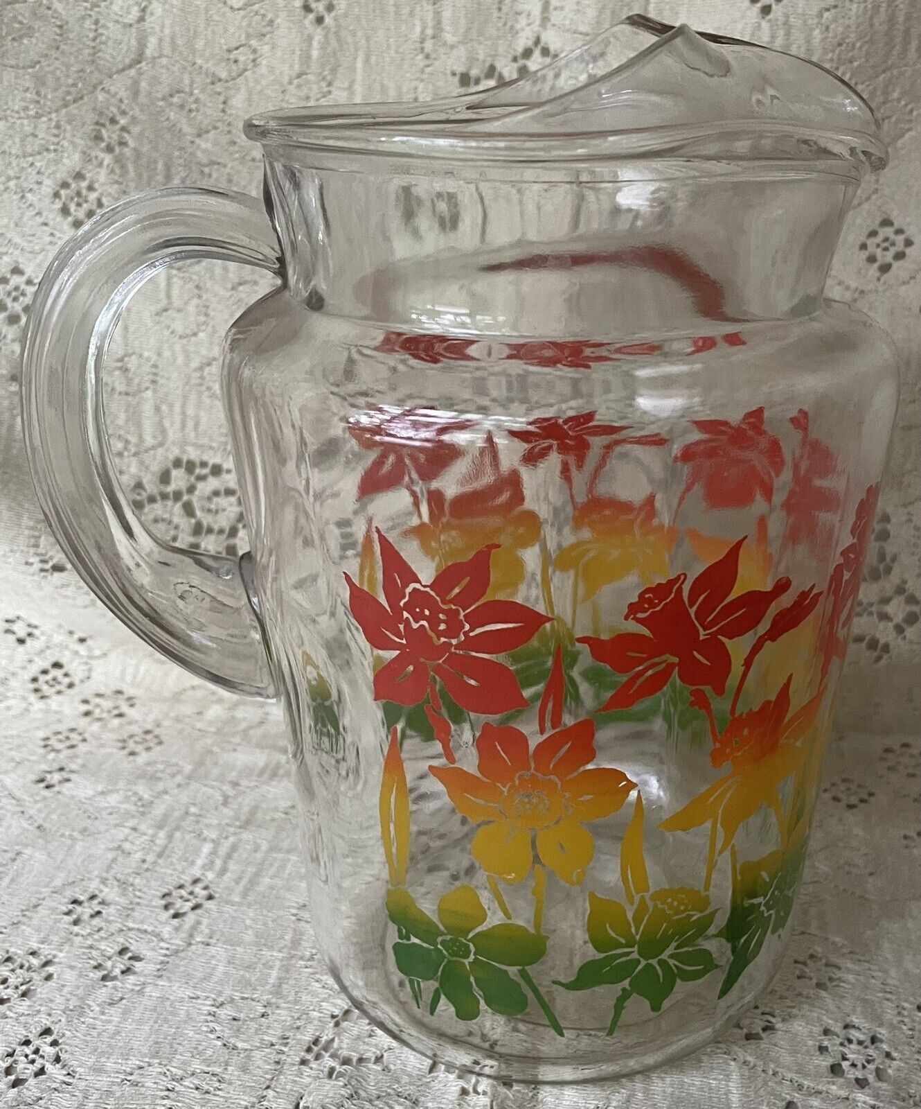 Glass Drink Pitcher Vtg Lilies In Fall Colors, Ice Lip