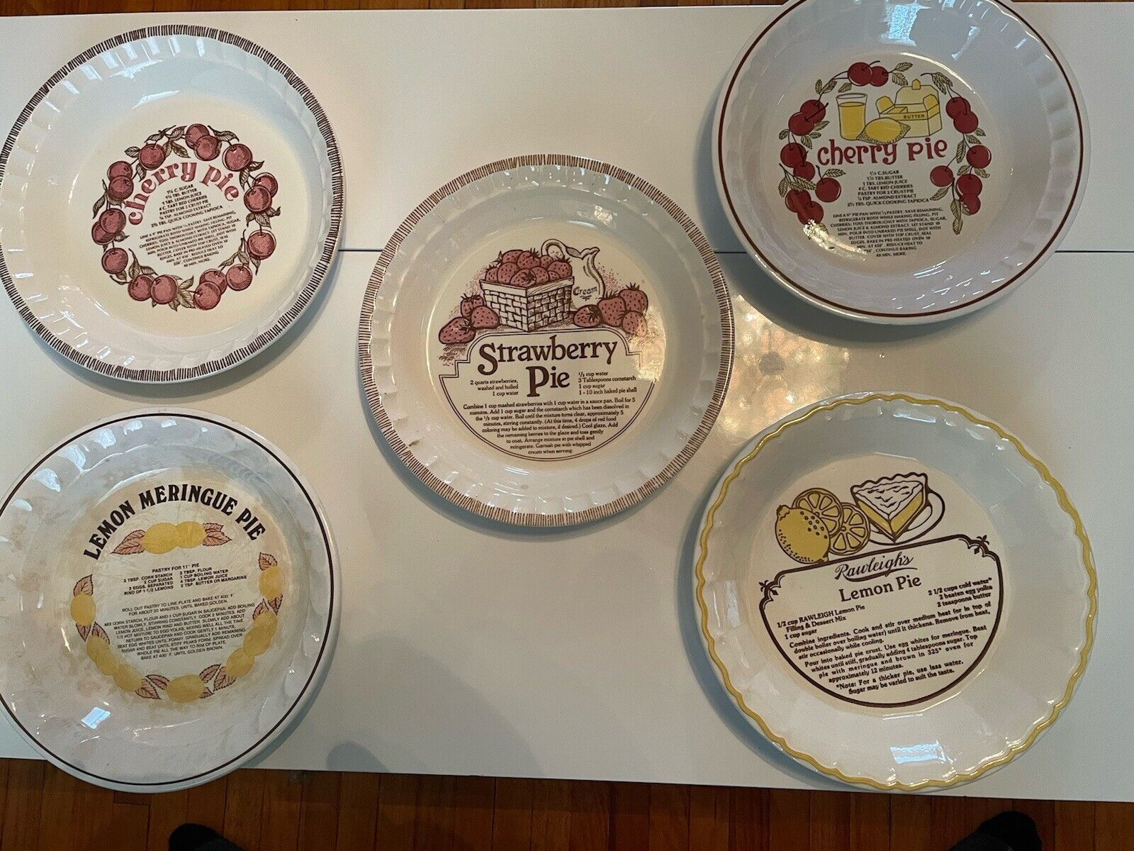 Set Of 5 Pie Plates With Recipe, Strawberry, Lemon, Cherry. Vintage.