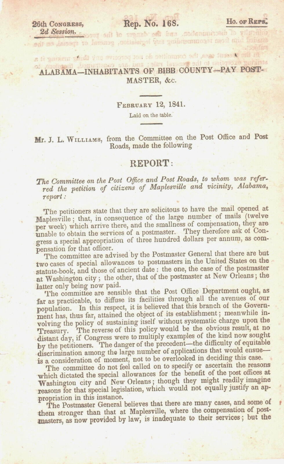 1841 Petition to Congress for Money to pay Postmaster in Maplesville, Alabama