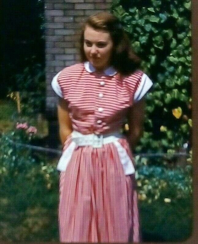 Attractive Woman Striped Red Dress 1950s 35mm Red Border Kodachrome Slide Car66