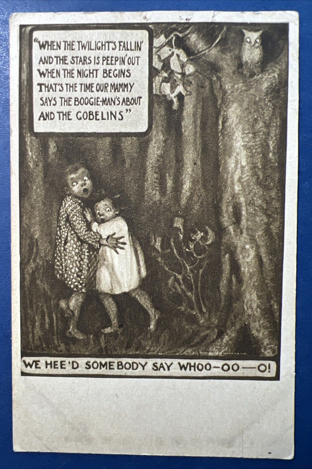 Children & Owl Night Time Halloween Antique Postcard, 1909. Boogie Man, Gobelins