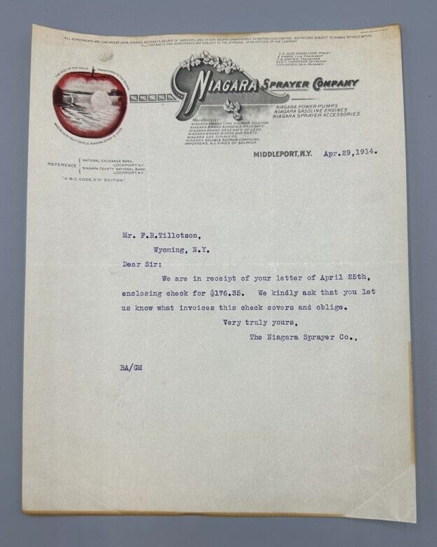 1914 NIAGARA Sprayer Co APPLE Advertising FARM Letter MIDDLEPORT NY Antique