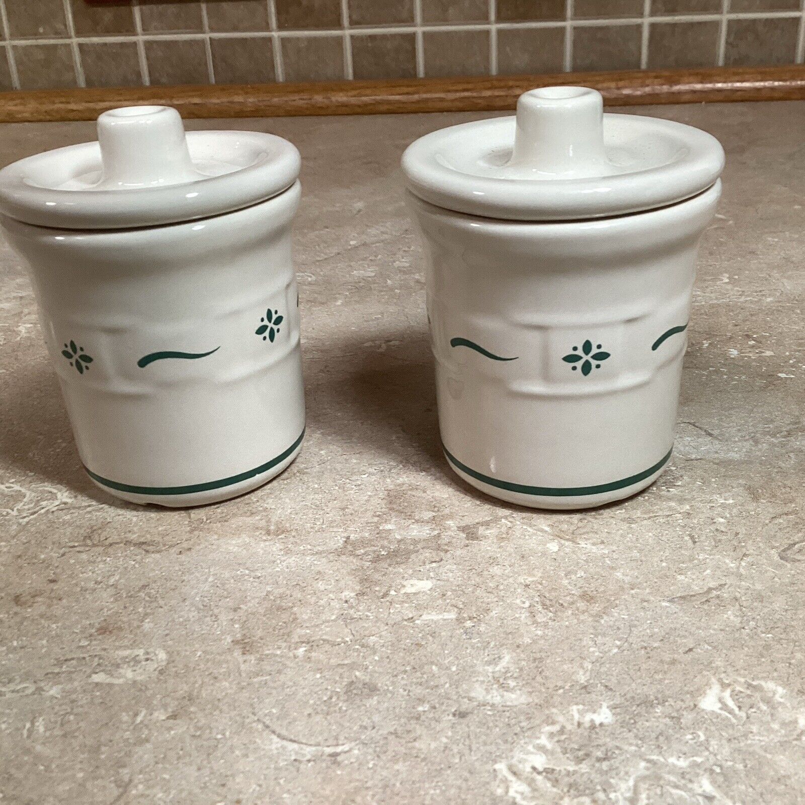 Longaberger Pottery Set Of 2 Condiment Crocks with Lids Woven Traditions GREEN