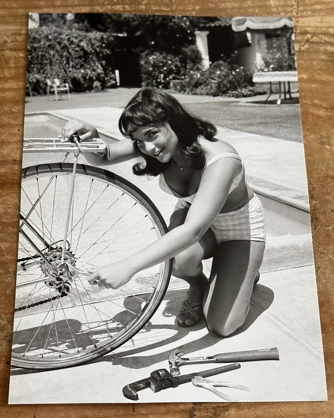 Vintage 1950’s Girl Working On Bike Bathing Suit Tools Agfa Original Photo 4”x6”