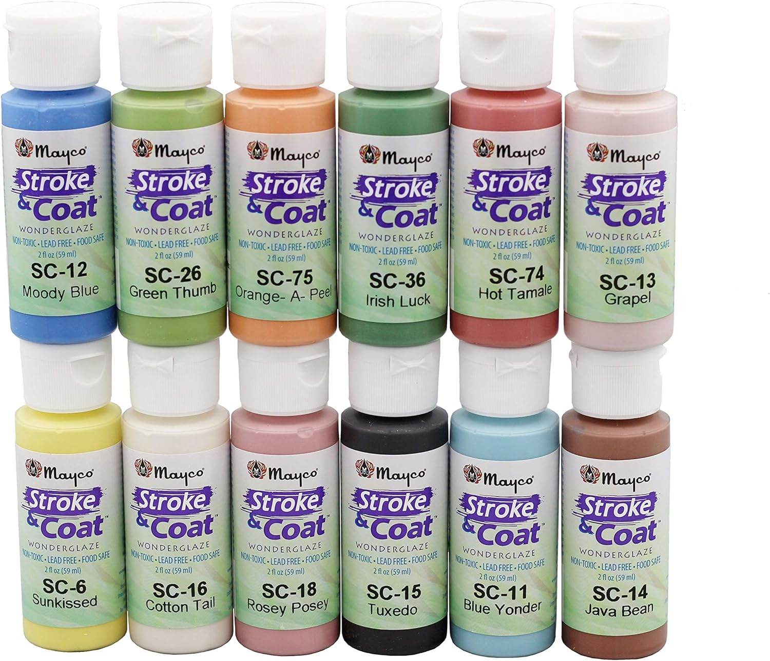 Mayco Stroke and Coat Glaze for Ceramics Kit 1 | 12 Assorted 2 Oz Jars with How 