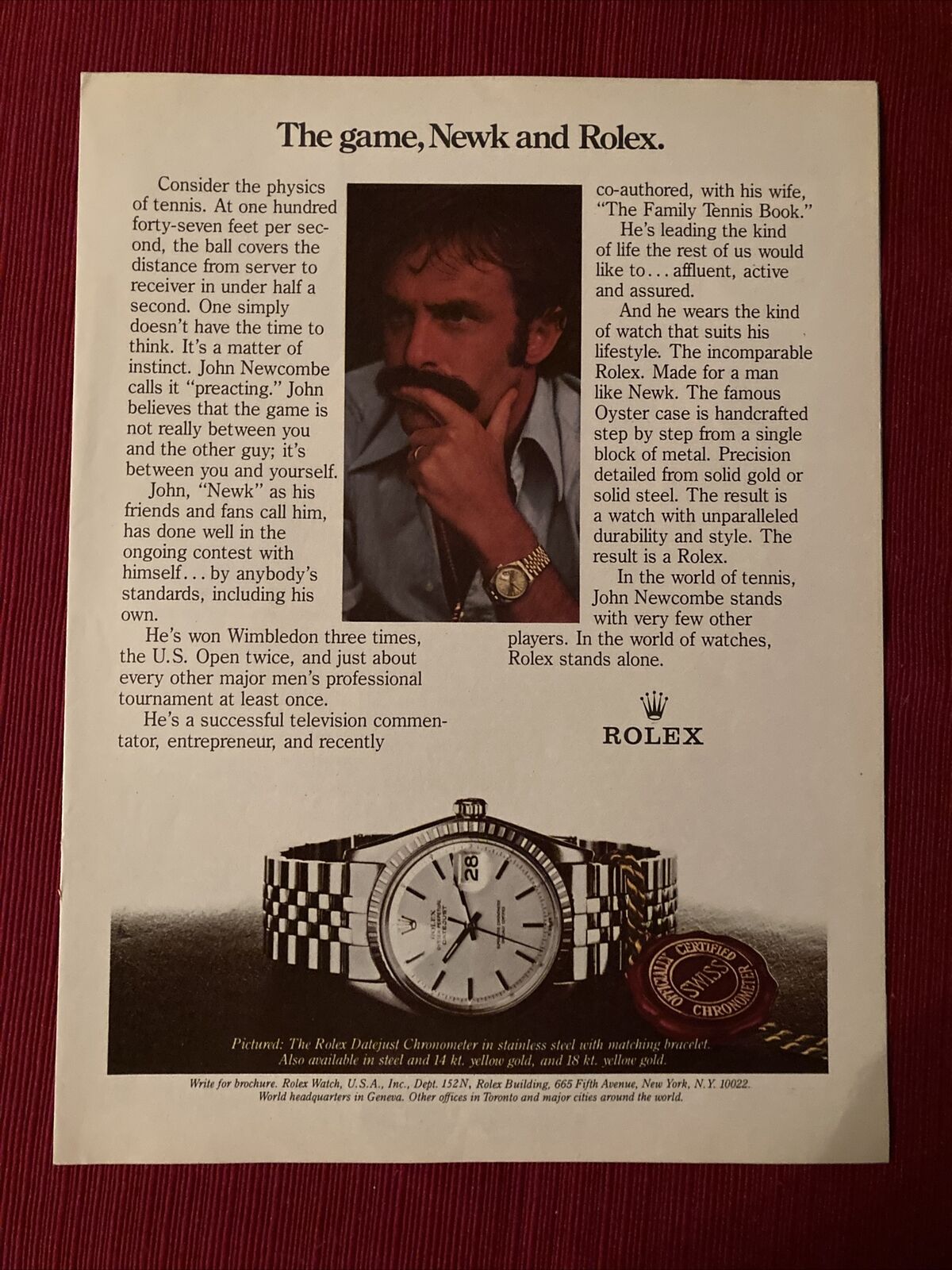 Rolex Perpetual Datejust Watch 1984 John Newcombe Team Print Ad