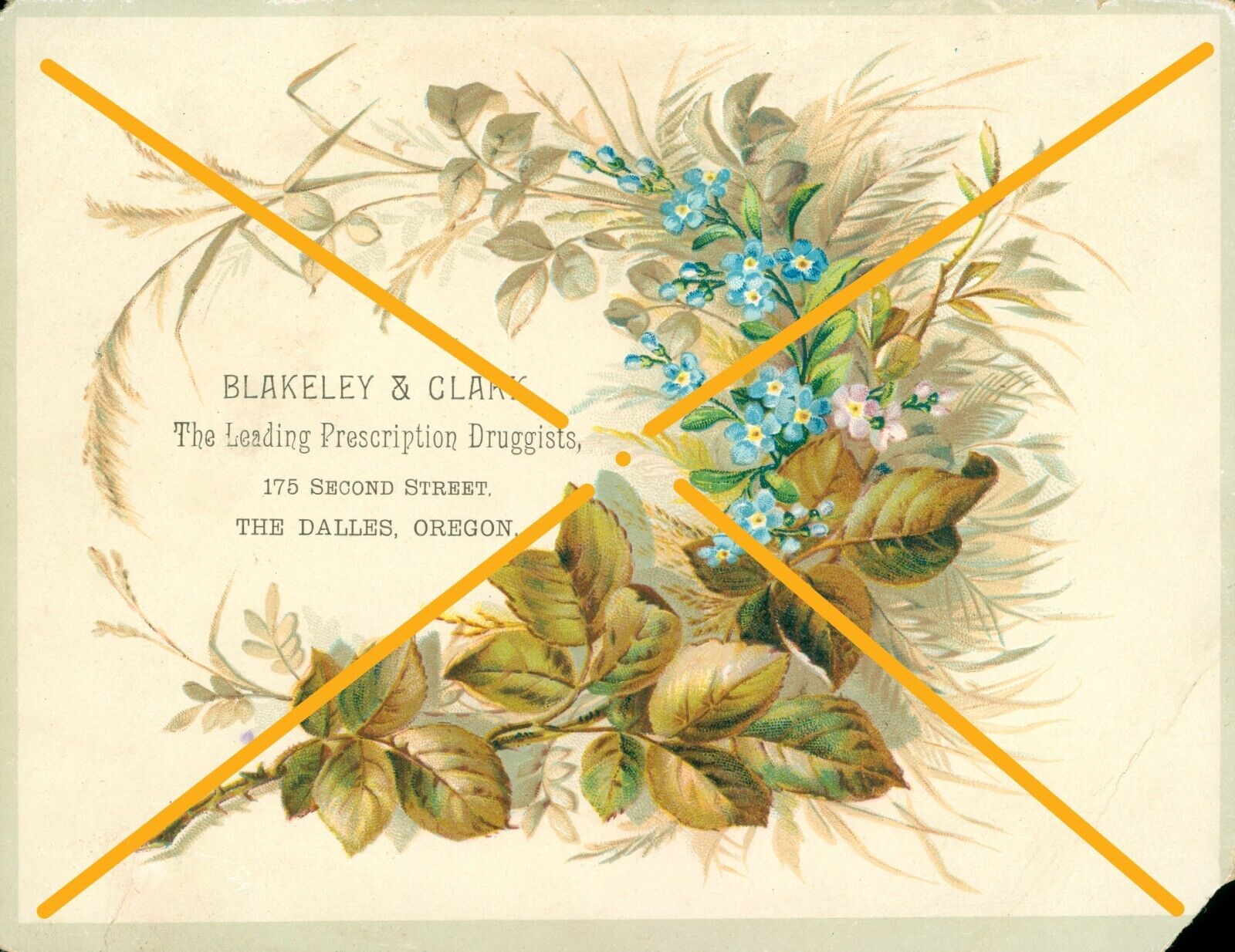 1890s approx. VIctorian Trade Card Blakeley & Clark Druggists The Dalles Oregon