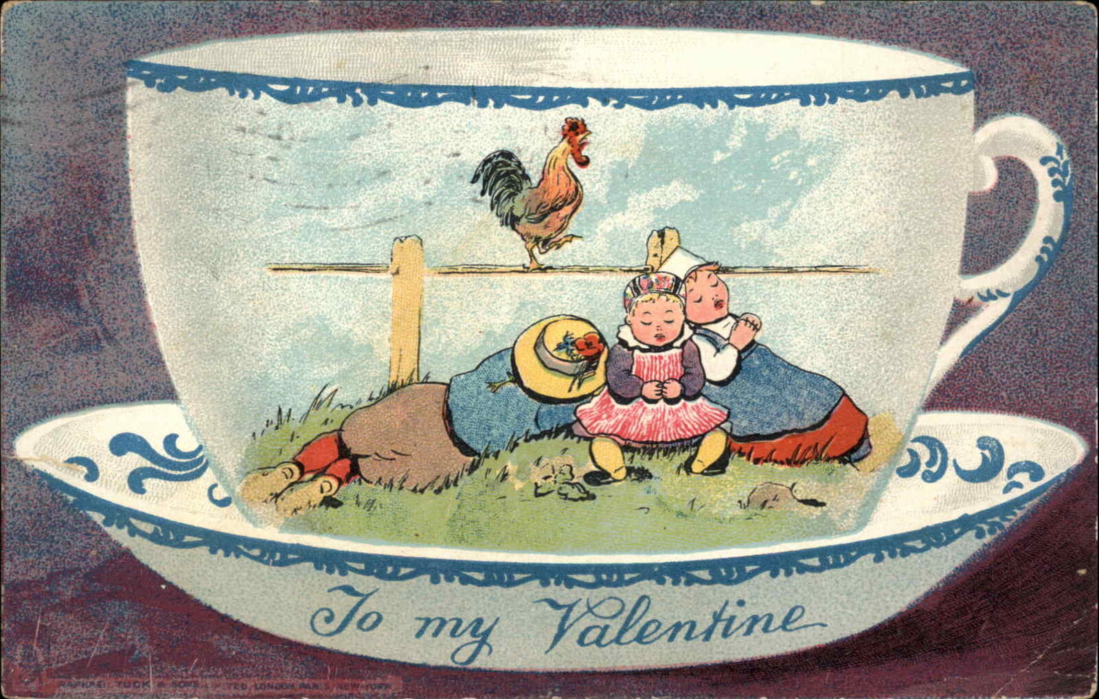 Valentine\'s Day Children Teacup Rooster Tuck c1900s-10s Postcard