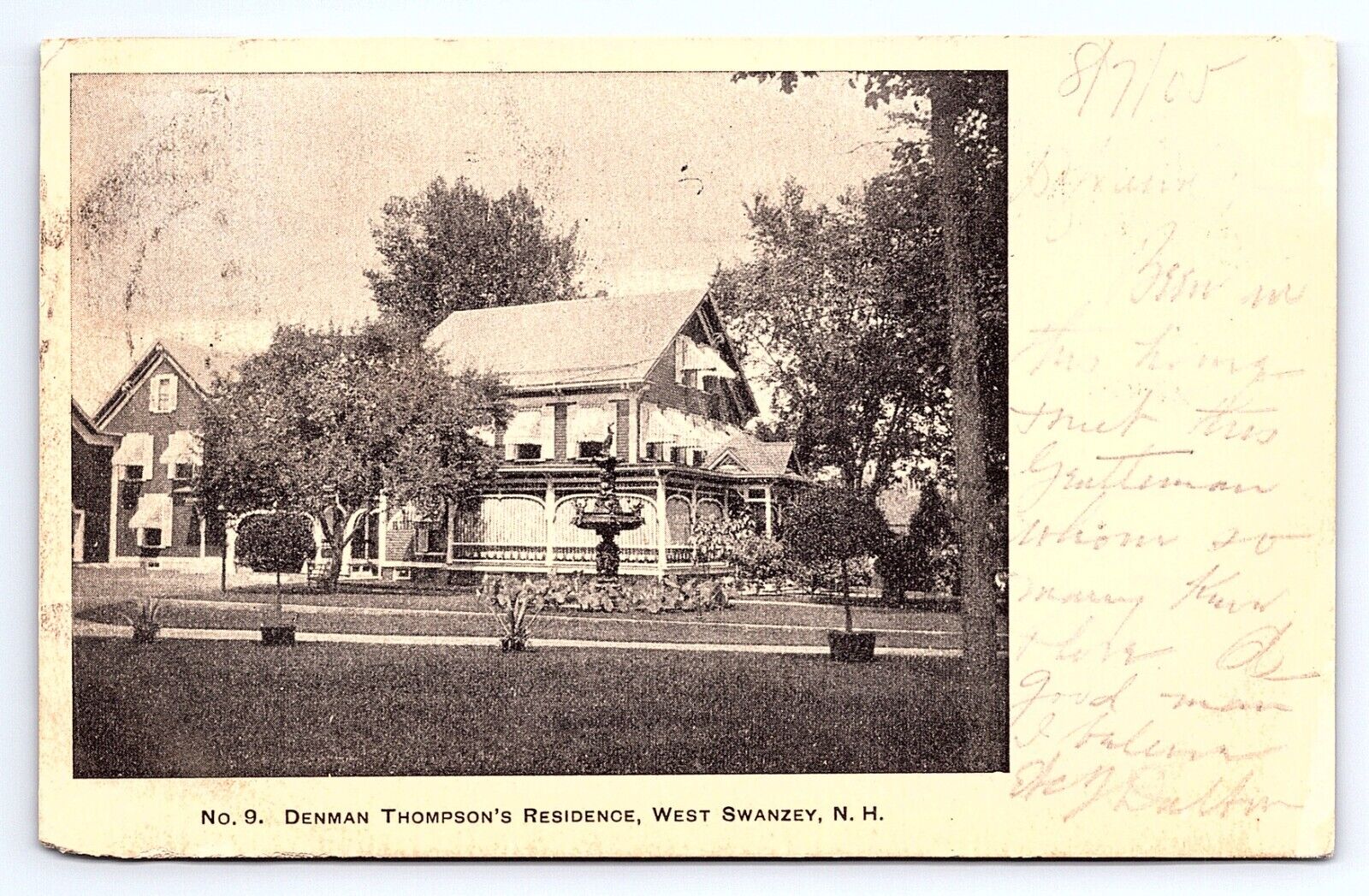 Postcard Denman Thompson's Residence West Swanzey New Hampshire c.1905 NH