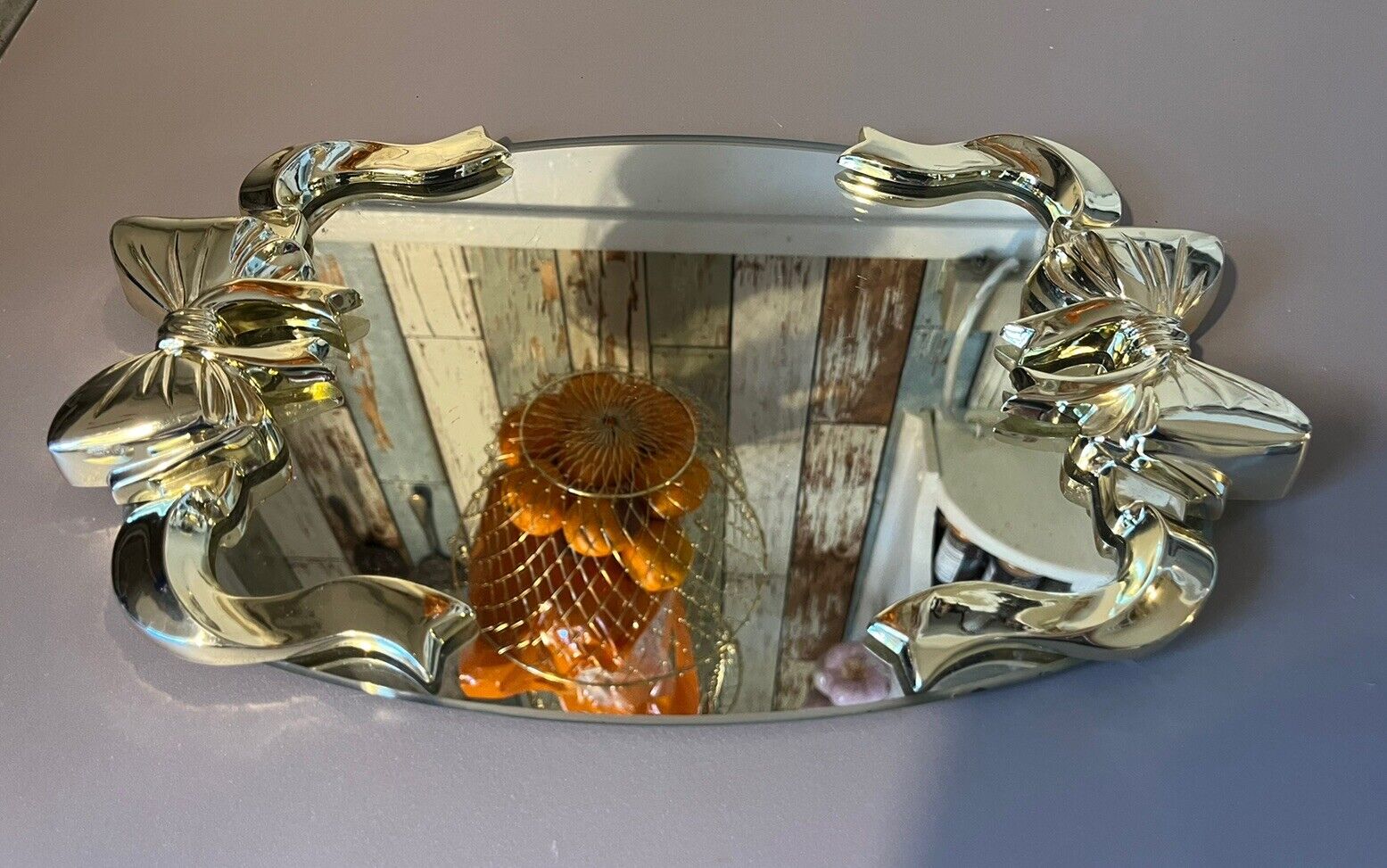 Vintage Vanity Mirror Tray With Gold Bows