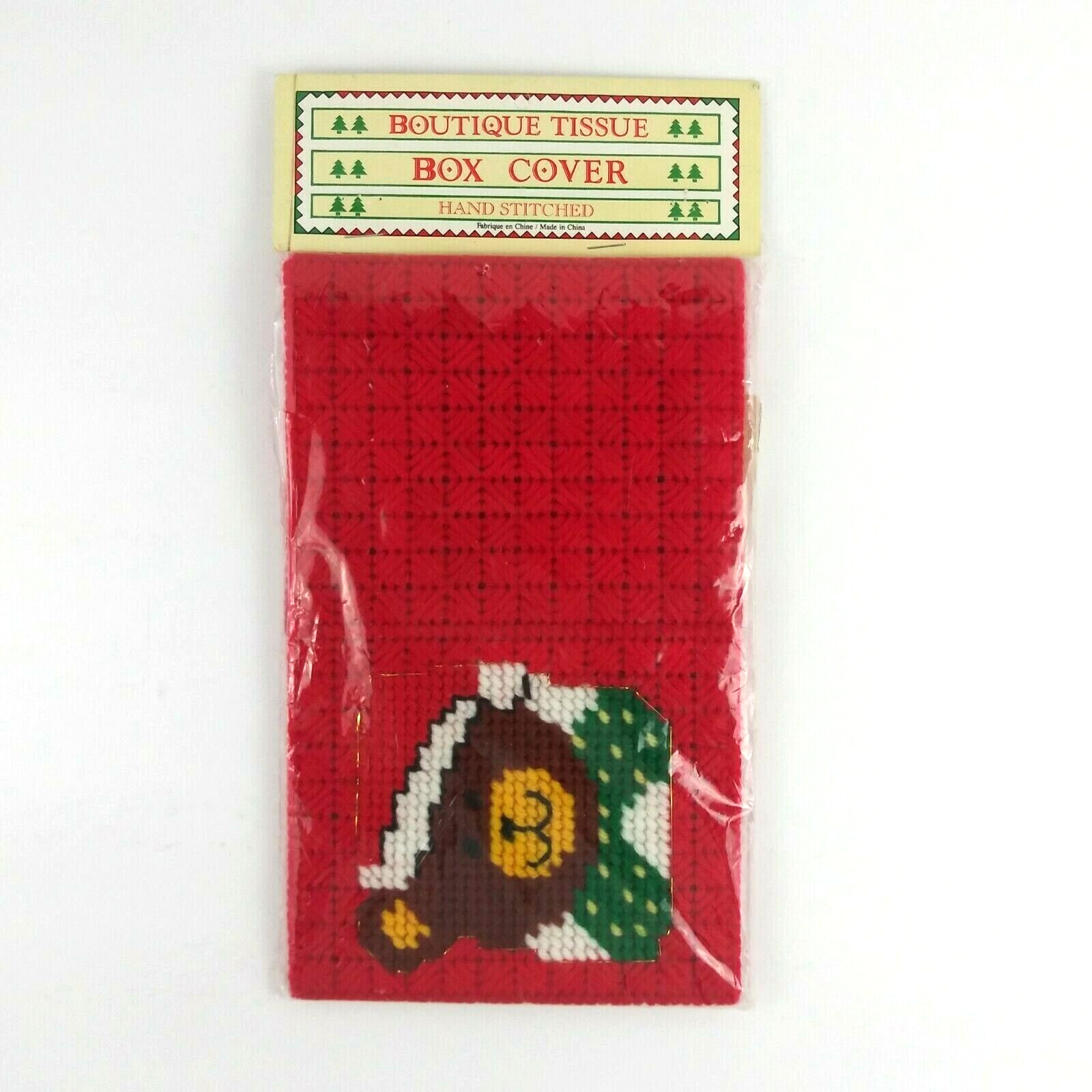 Vintage Tissue Box Cover Hand Stitched Needlepoint Red Teddy Bear Christmas
