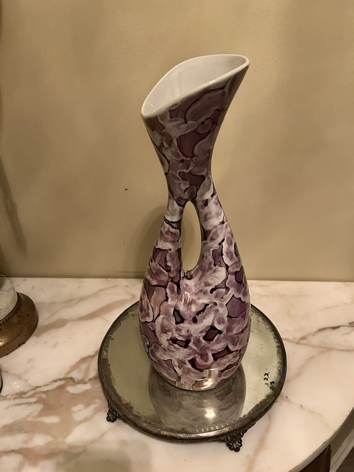 Vintage Cmielow Vase Purple Pattern Porcelain Mid Century Modern, Made In Poland