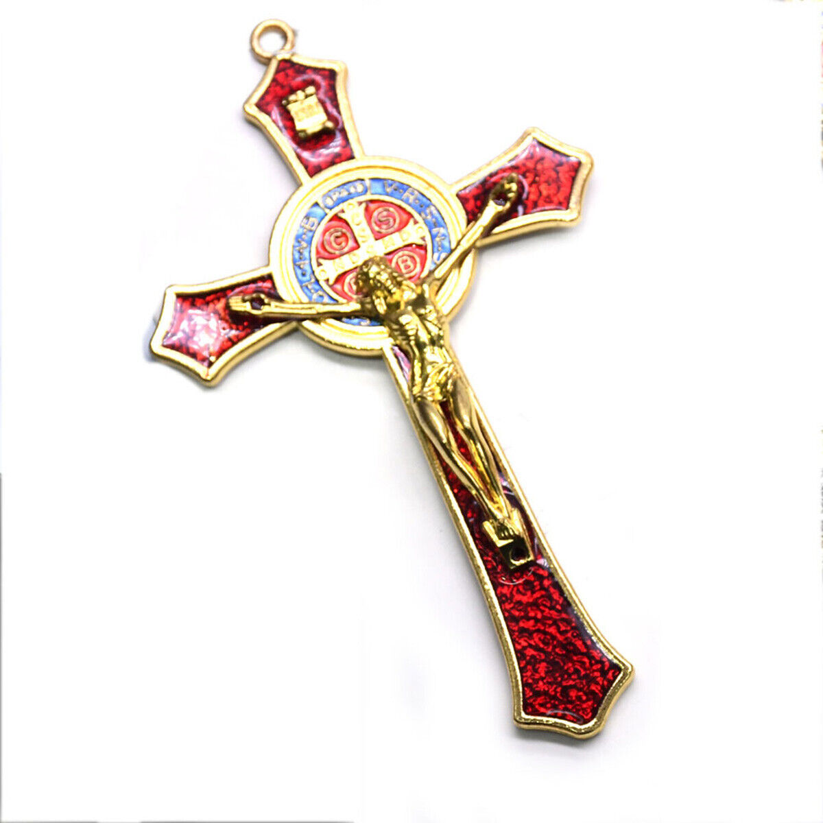 Vintage Metal Hand Hold Cross Crucifix Jesus Holy Religious Carved Christ Red