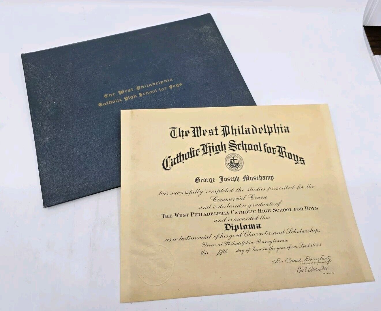 VTG 1938 Diploma The West Philadelphia Catholic High School For Boys w Sleeve