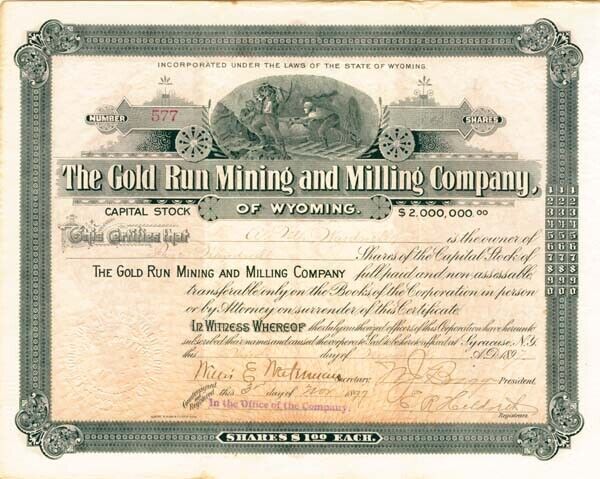 Gold Run Mining and Milling Co. of Wyoming - Stock Certificate - Mining Stocks