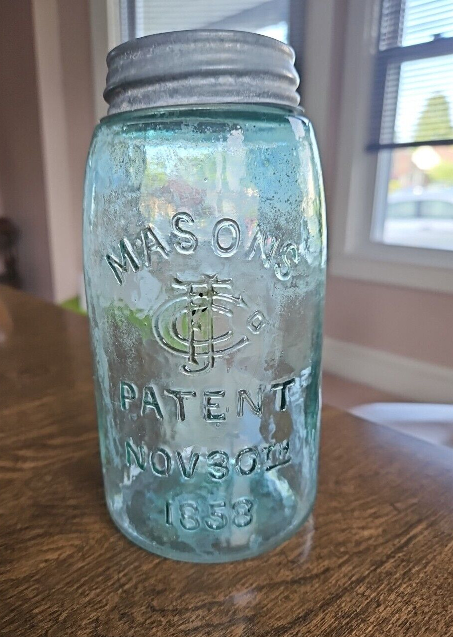 Mason's Jar Early Antique Light Green CFJ Patent Nov 30th 1858 with Zinc Lid