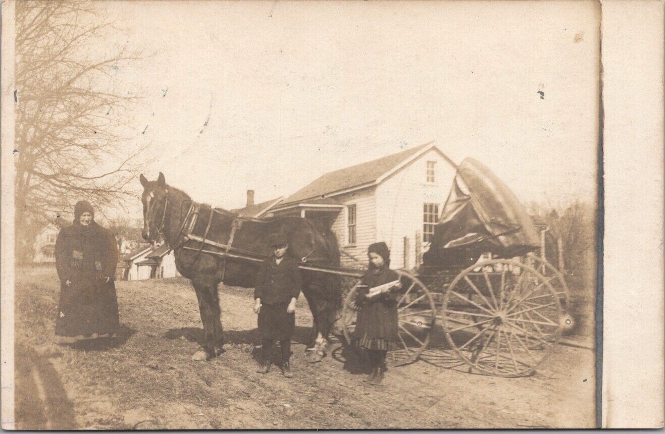 1911 Illinois RPPC Photo Postcard Woman & 2 Kids / HORSE CART Cobden, IL Cancel