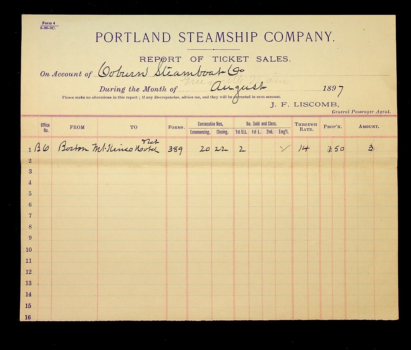1897 Portland Maine Steamship Company Ticket Report, Coburn Steamboat Co.